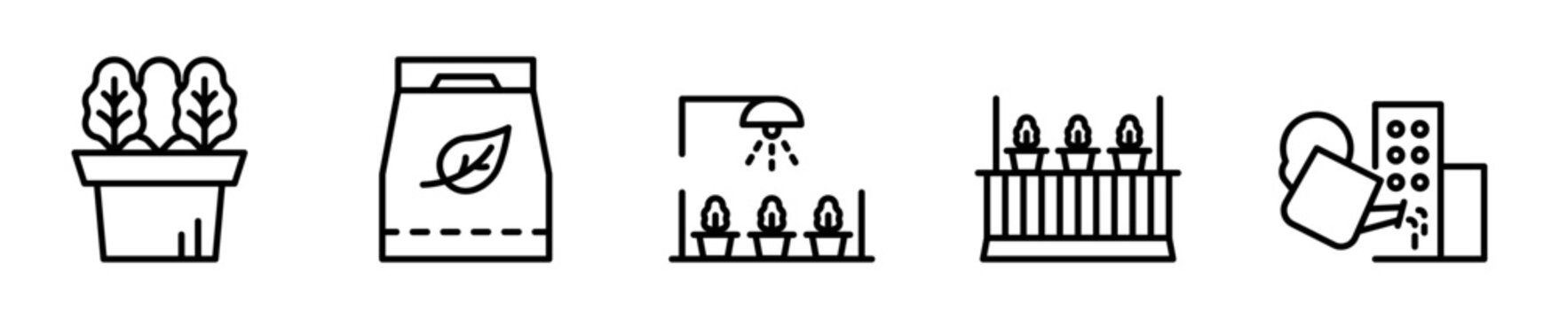 Set de 5 iconos de huerta urbana con maceta y regadera. Vector outline