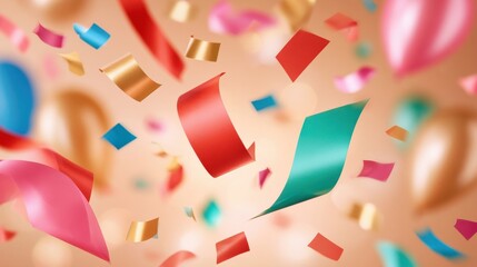Obraz premium Colorful confetti and streamers frozen mid air against soft background