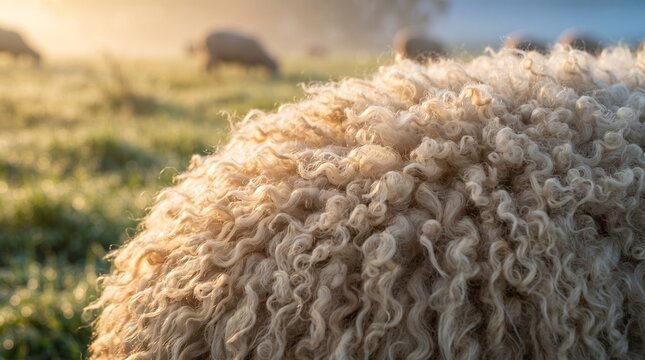 Close up of curly sheep wool texture grazing in morning pasture meadow