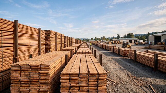 Lumber yard filled with stacked wood planks under a clear sky in the early afternoon