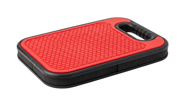 Red foam garden kneeling pad with handle on white background