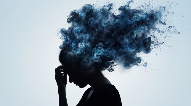 Mental Health Concept. Exhausted Depressed Female touching Forehead. Stressed Woman combined with Silhouette photo and Watercolor
