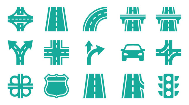 Set of teal green road and navigation icons including highway interchanges, intersections, curved paths, traffic light, car symbol, shield sign, and split lanes on white backdrop.