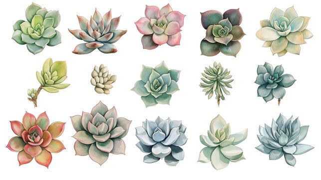 Various watercolor succulents in png. clipart with no background, desert plants