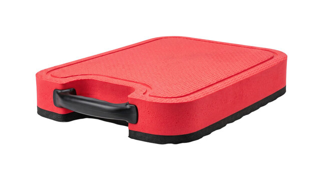 Red foam garden kneeling pad with handle on white background