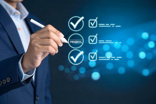 progress tracking workflow checklist with task completion steps and digital interface using stylus on business dashboard for productivity improvement time management and efficient process optimization