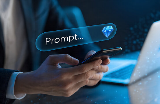 generative ai prompt interaction. businessman using smartphone with futuristic ai prompt search bar interface. concept of artificial intelligence, chatbot query and digital assistant technology