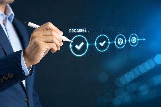 progress tracking workflow checklist with task completion steps and digital interface using stylus on business dashboard for productivity improvement time management and efficient process optimization