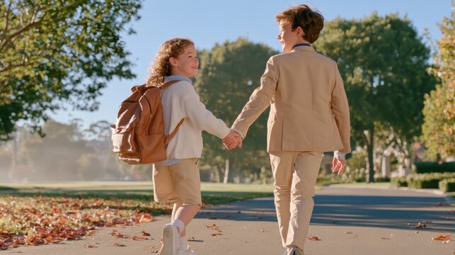 Two siblings holding hands walking to school on sunny autumn day