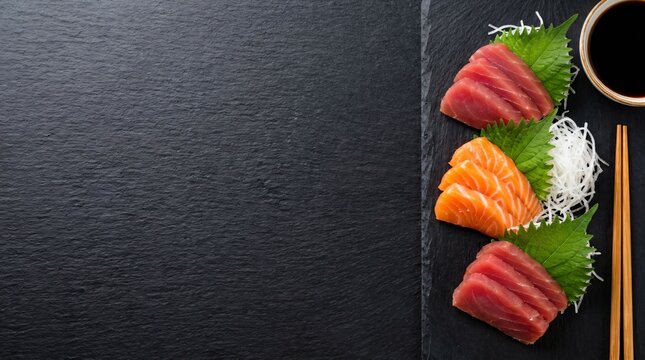 Overhead view of fresh tuna and salmon sashimi platter with soy sauce and chopsticks on black slate