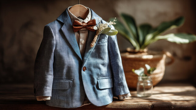 Elegant formal blue blazer jacket with brown bow tie and floral boutonniere, clothing