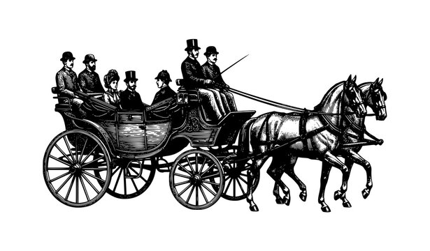 Vintage Horse Drawn Shooting Brake Engraving Black and White Historical Vector Illustration