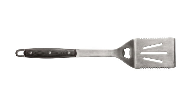 Stainless steel barbecue spatula with bottle opener on white background
