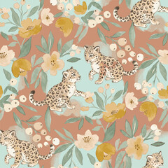 Obraz premium Seamless Pattern with Leopard Cubs and Flowers