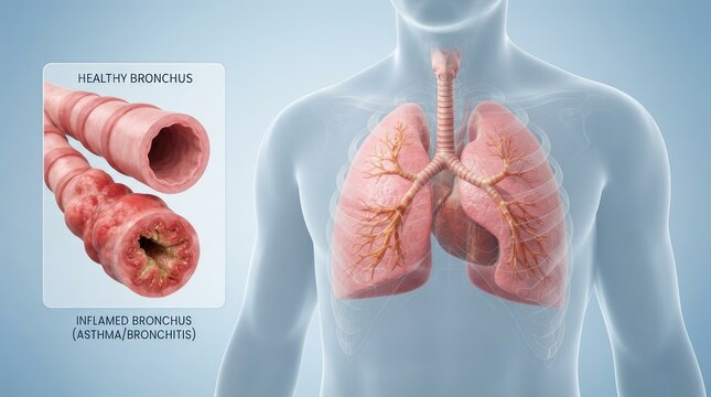 Close-up view of inflamed bronchi and trachea within the human respiratory system.