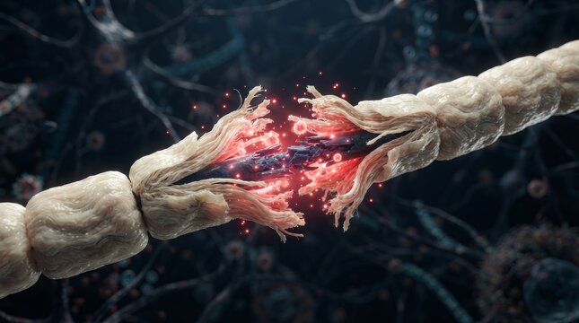 Medical illustration of inflammation and myelin sheath breakdown in a damaged nerve axon.