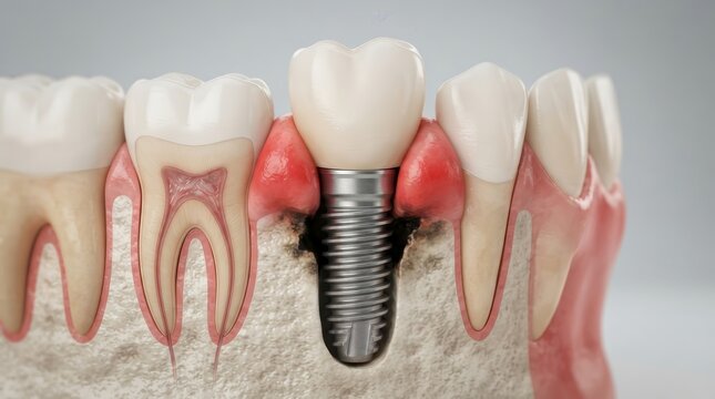 Dental implant with signs of periodontal disease, gingival inflammation, and bone resorption.
