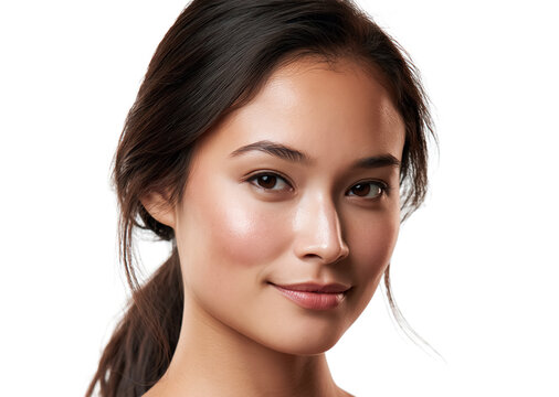 Asian woman with clear, radiant skin creates a minimal beauty portrait ideal for skincare branding, wellness campaigns, and elegant cosmetic visuals.