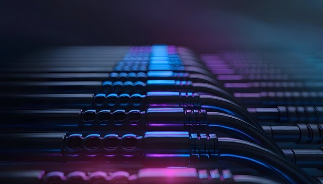 Enterprise network patching and datacenter router terminal cabling infrastructure. High speed data transmission switch. Row of professional network cords plugged into server unit