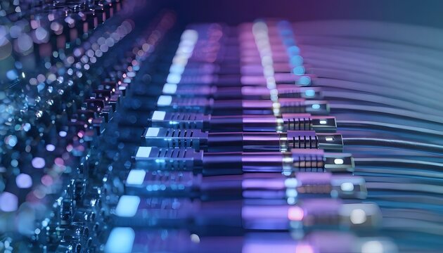 High speed ethernet fiber cable array and datacentre hardware routing. Server patch panel maintenance. Metallic broadband connector plugs inserted in rack switch slot