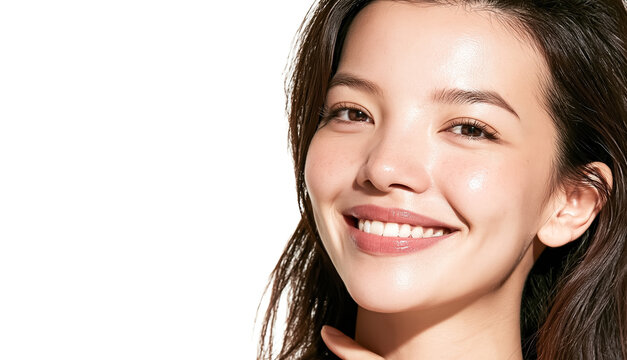 Asian woman with clear, radiant skin creates a minimal beauty portrait ideal for skincare branding, wellness campaigns, and elegant cosmetic visuals.