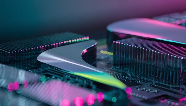 High performance cpu heatsink processor and microchip semiconductor components. Advanced computing power hardware. Metallic futuristic abstract electronic layout on motherboard card
