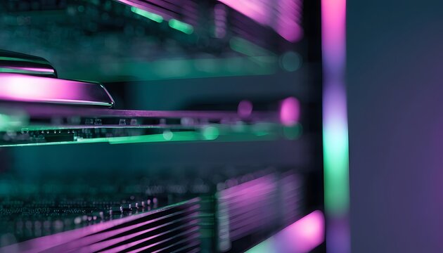 Close up computer motherboard hardware and graphics card cooling fin architecture. Electronic microchip circuit boards. Server computing processing units glowing neon lighting