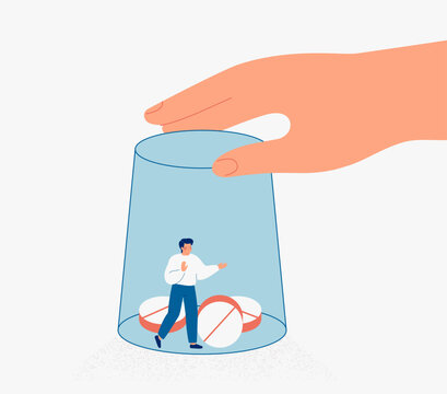 Man locked under glass cup with pills. Trapped male person with tablets in glass cage. Drug addiction, antidepressant dependence and pharmaceutical substances. Vector illustration