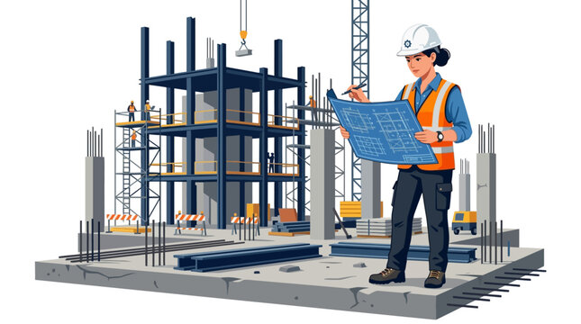 Female engineer holding blueprints at a construction site illustration