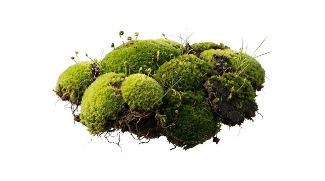Fresh Green Forest Moss Tuft with Roots and Soil, Isolated Element, Transparent PNG Cutout for Graphic Design and Composites