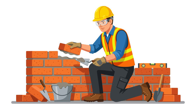 Professional bricklayer building a brick wall with mortar and a trowel.