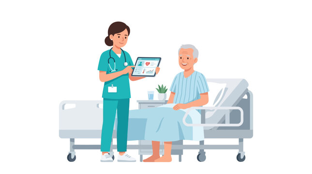 Nurse explains digital health records to happy elderly patient in hospital room.