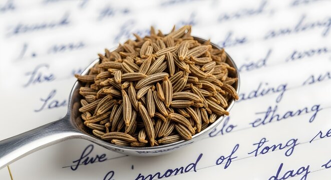 Cumin seeds with measuring spoons notebook.