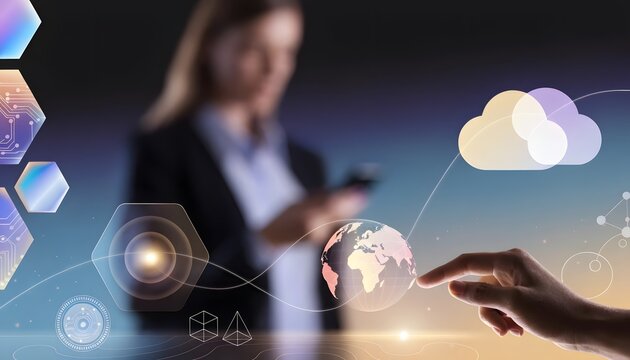 Advanced database virtualization and global network server access. Blockchain systems and decentralized information transfer. Woman using smartphone while hand touches virtual earth icon