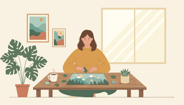 Woman assembles a landscape puzzle on a wooden table while sitting in a bright living room decorated with houseplants and art.
