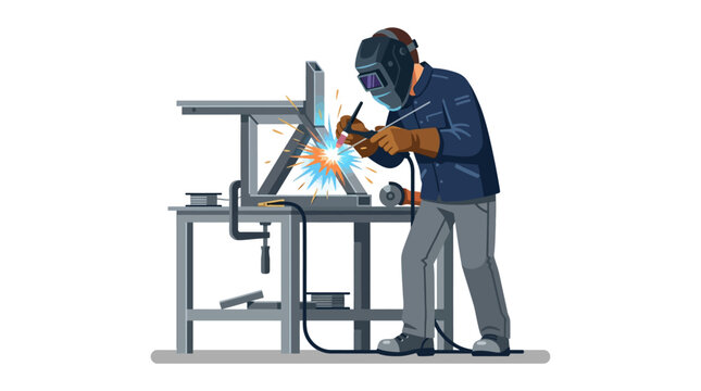 Illustration of a professional welder working on a metal frame with sparks flying