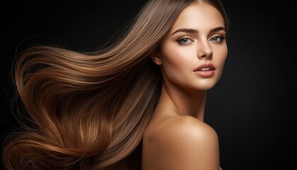 Fototapeta premium Woman with long healthy hair and soft skin portrait brunette cosmetic treatment wellness hairstyling gorgeous aesthetic youthful attractive conditioning