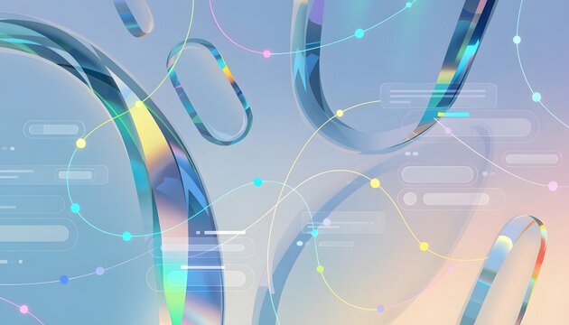 Abstract glass geometric shapes and database analytics. Pastel user interface dashboard design. Translucent rings floating along curved digital network lines