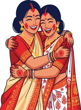 Celebrating Sindoor Khela Hugging on Durga Puja Bijoya Dashami Vector Illustration