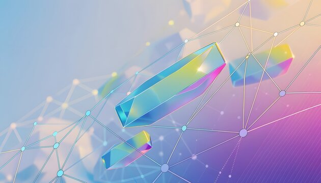 Futuristic crystalline prisms suspended in data mesh. Quantum computing concept. Luminous geometric crystals hovering inside digital plexus connection network