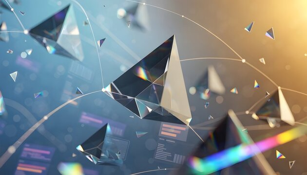 Crystalline glass pyramids hovering over abstract tech charts. Algorithmic cryptocurrency market tracking systems. Floating geometric prisms refracting colorful light beams