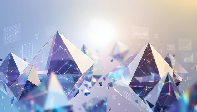 Interconnected digital crystals showcasing blockchain nodes. Advanced cloud storage database structures. Luminous geometric prisms aligning near glowing stock market chart interfaces