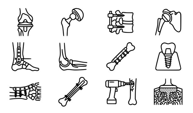 Minimalist monoline black and white orthopedic bone joint implant icon set with 12 unique grid line designs