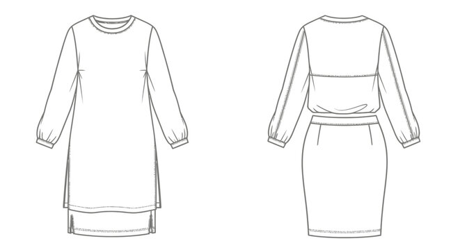 Skirt and blouse set displays the front and back view of a two-piece ensemble for professional clothing design and manufacturing documentation.