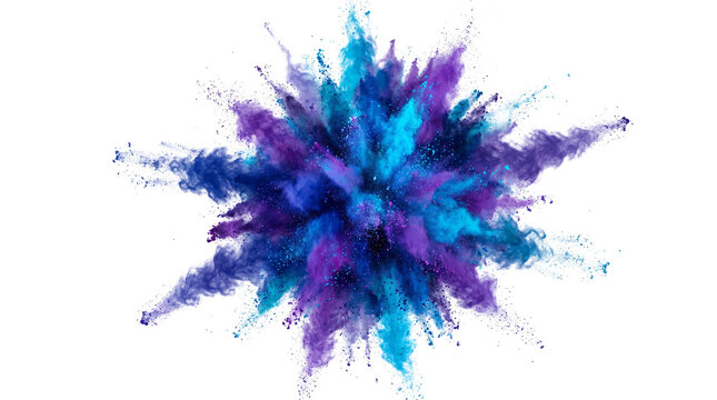 Vibrant Blue and Purple Powder Explosion, Isolated Element Clipart for Creative Design, Transparent PNG Color Splash Dust Burst