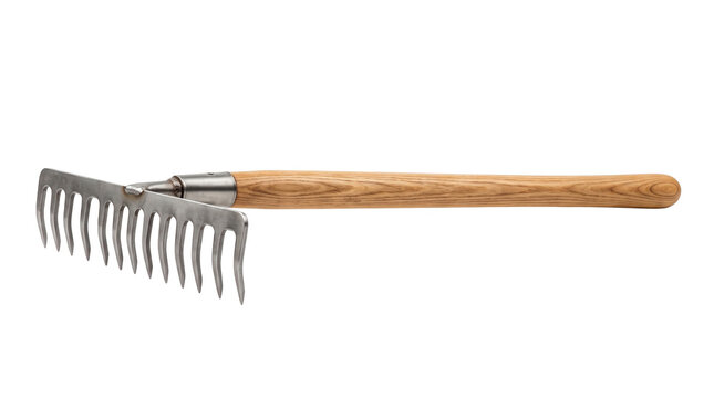 Metal garden rake with wooden handle on white background