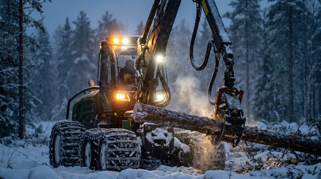 Forest harvester processing timber in snowy winter woodland, representing sustainable forestry industry.