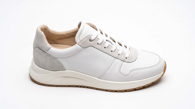 Minimalist white and beige leather sneaker on clean background featuring modern athletic design for daily comfort and lifestyle