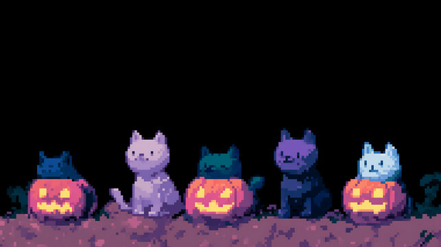 ドット絵のハロウィンカボチャと猫の背景素材 8bitレトロゲーム風のZoom等配信壁紙