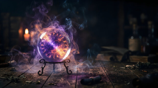 Mystical crystal ball with glowing purple energy and smoke, magical fortune teller sphere on wooden table, occult sorcery and divination concept for halloween 4k
